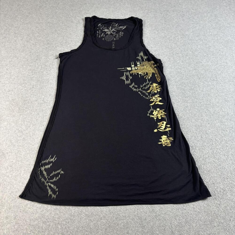 Da-Nang Tank Dress Women Large Black Jersey Gold Graphic Eagle Asian Script Y2K